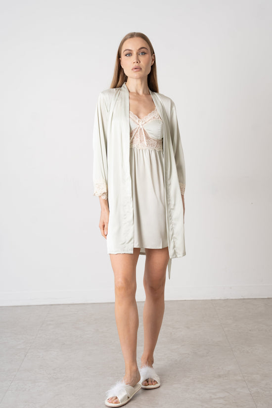 Ivory Satin & Lace Bridal Nightwear Set – Chemise Slip Dress with Matching Robe - Donna Speziatta