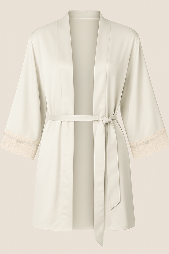Ivory Satin & Lace Bridal Nightwear Set – Chemise Slip Dress with Matching Robe - Donna Speziatta