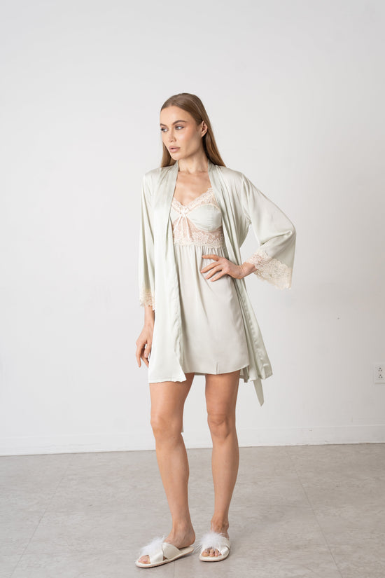 Ivory Satin & Lace Bridal Nightwear Set – Chemise Slip Dress with Matching Robe - Donna Speziatta
