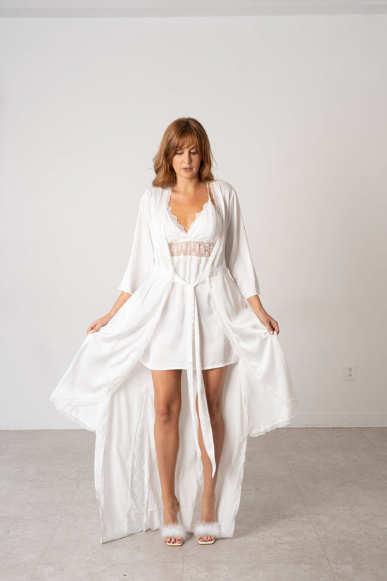 Ivory Satin & Lace Bridal Nightwear Set – Long Robe with Matching Chemise - Donna Speziatta