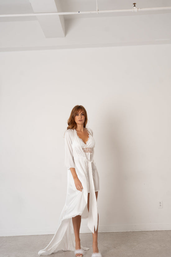 Ivory Satin & Lace Bridal Nightwear Set – Long Robe with Matching Chemise - Donna Speziatta