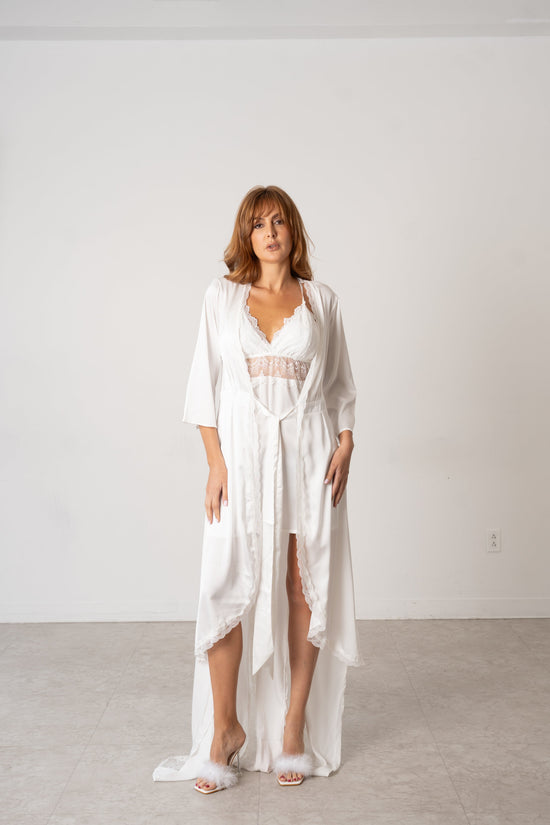 Ivory Satin & Lace Bridal Nightwear Set – Long Robe with Matching Chemise - Donna Speziatta