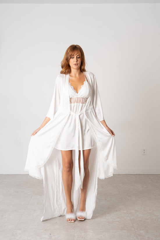 Ivory Satin & Lace Bridal Nightwear Set – Long Robe with Matching Chemise - Donna Speziatta