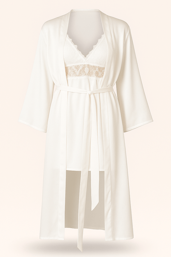 Ivory Satin & Lace Bridal Nightwear Set – Long Robe with Matching Chemise - Donna Speziatta