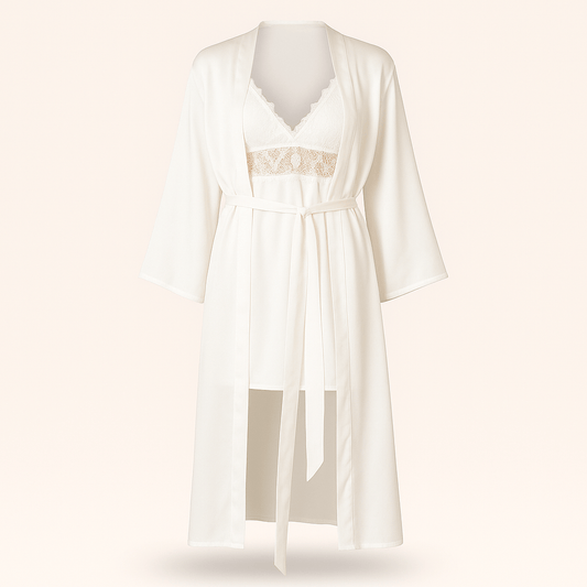 Ivory Satin & Lace Bridal Nightwear Set – Long Robe with Matching Chemise - Donna Speziatta