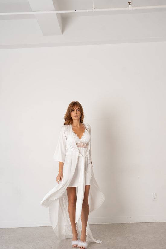 Ivory Satin & Lace Bridal Nightwear Set – Long Robe with Matching Chemise - Donna Speziatta
