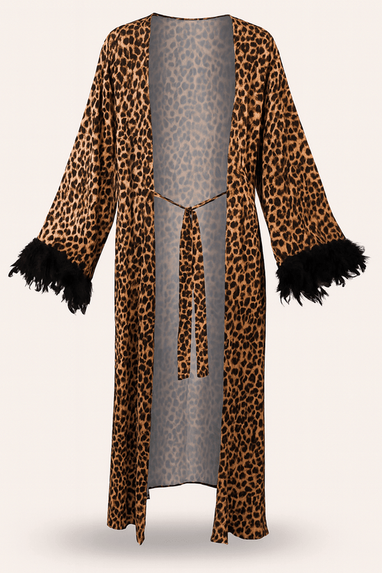 Leopard Print Satin Robe & Bodysuit Set – Long Feather - Trim Kimono with Matching Lingerie - Donna Speziatta