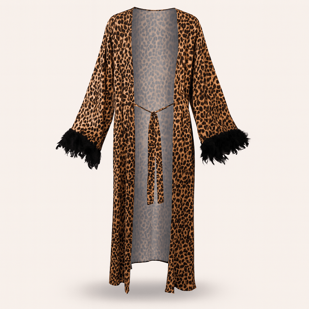 Leopard Print Satin Robe & Bodysuit Set – Long Feather - Trim Kimono with Matching Lingerie - Donna Speziatta
