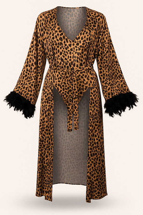Leopard Print Satin Robe & Bodysuit Set – Long Feather - Trim Kimono with Matching Lingerie - Donna Speziatta