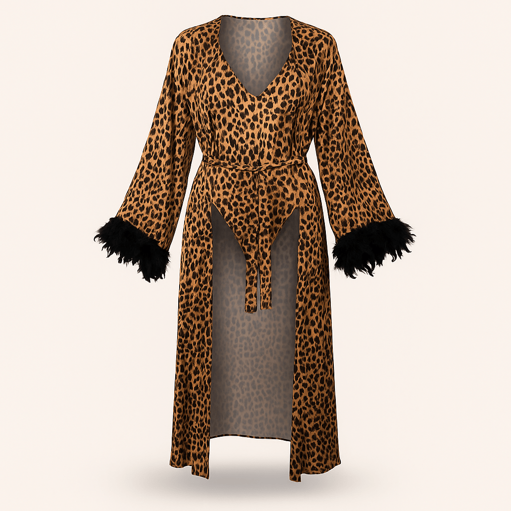 Leopard Print Satin Robe & Bodysuit Set – Long Feather - Trim Kimono with Matching Lingerie - Donna Speziatta