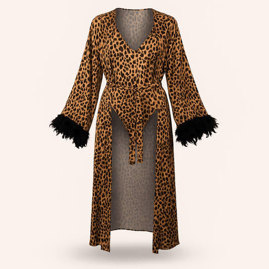 Leopard Print Satin Robe & Bodysuit Set – Long Feather - Trim Kimono with Matching Lingerie - Donna Speziatta