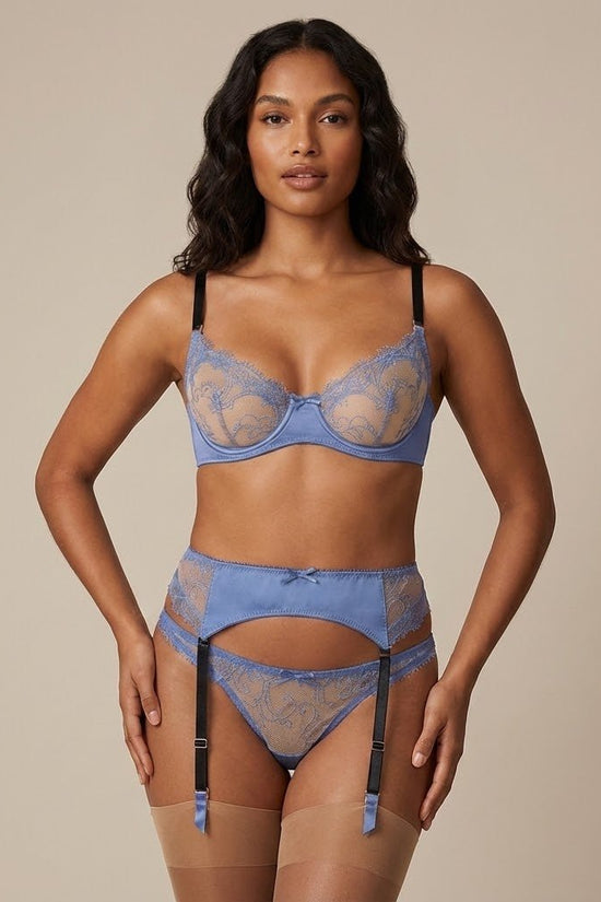 Luxury Blue Lace Lingerie Set – 3 - Piece Bra, Garter Belt & Thong with Black Straps - Donna Speziatta