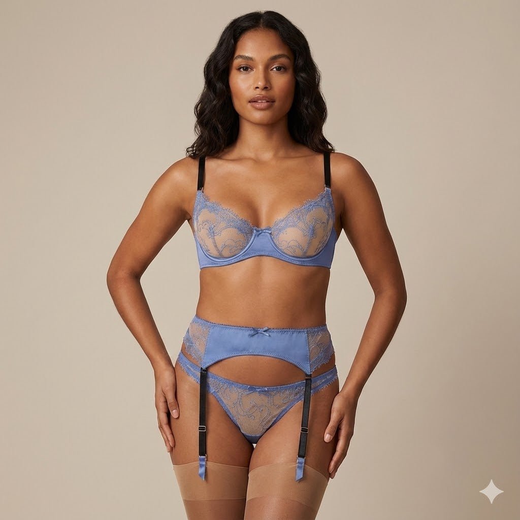 Luxury Blue Lace Lingerie Set – 3 - Piece Bra, Garter Belt & Thong with Black Straps - Donna Speziatta