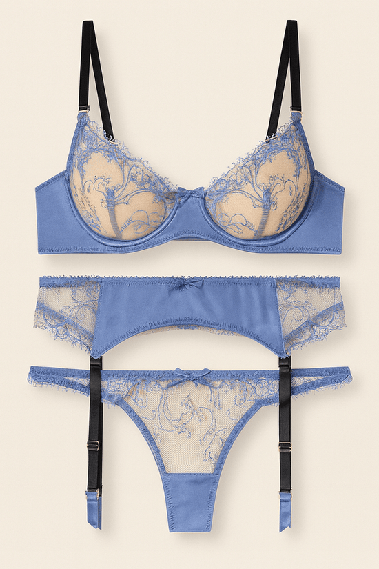 Luxury Blue Lace Lingerie Set – 3 - Piece Bra, Garter Belt & Thong with Black Straps - Donna Speziatta