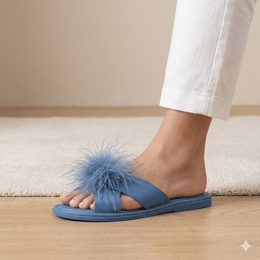 Luxury Blue Satin Feather Slippers – Open - Toe Slides with Fluffy Detail - Donna Speziatta