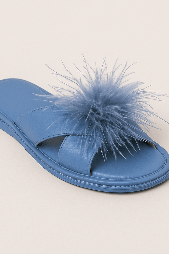 Luxury Blue Satin Feather Slippers – Open - Toe Slides with Fluffy Detail - Donna Speziatta