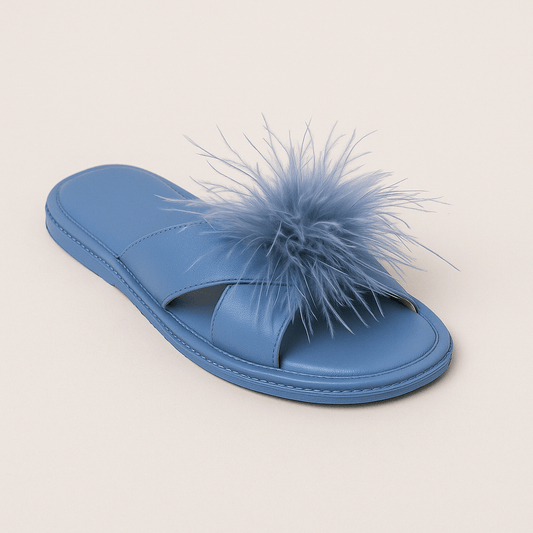 Luxury Blue Satin Feather Slippers – Open - Toe Slides with Fluffy Detail - Donna Speziatta