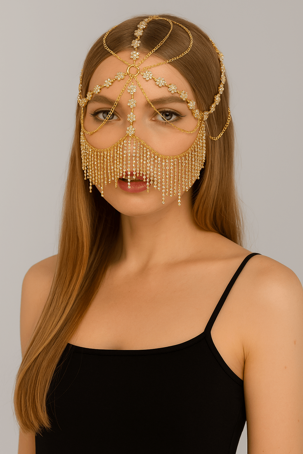 Luxury Gold Face Chain Headpiece – Crystal Fringe Mask with Floral Detail - Donna Speziatta