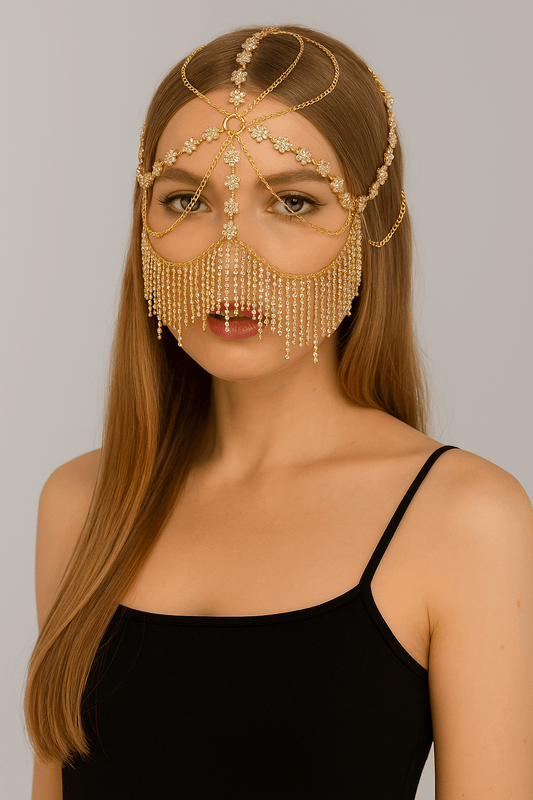 Luxury Gold Face Chain Headpiece – Crystal Fringe Mask with Floral Detail - Donna Speziatta