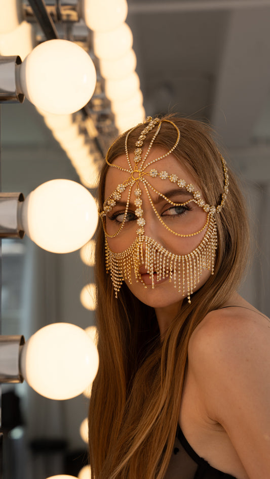 Luxury Gold Face Chain Headpiece – Crystal Fringe Mask with Floral Detail - Donna Speziatta