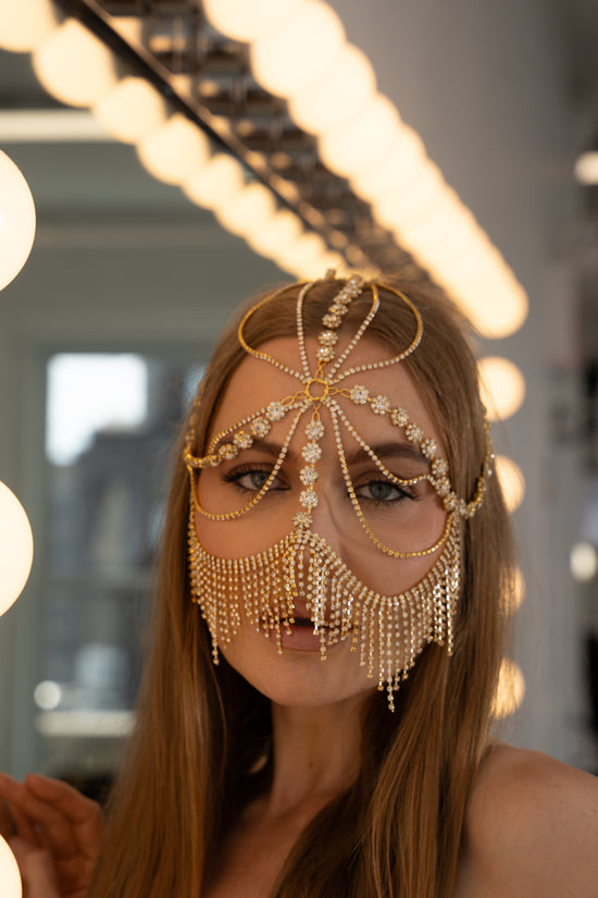 Luxury Gold Face Chain Headpiece – Crystal Fringe Mask with Floral Detail - Donna Speziatta