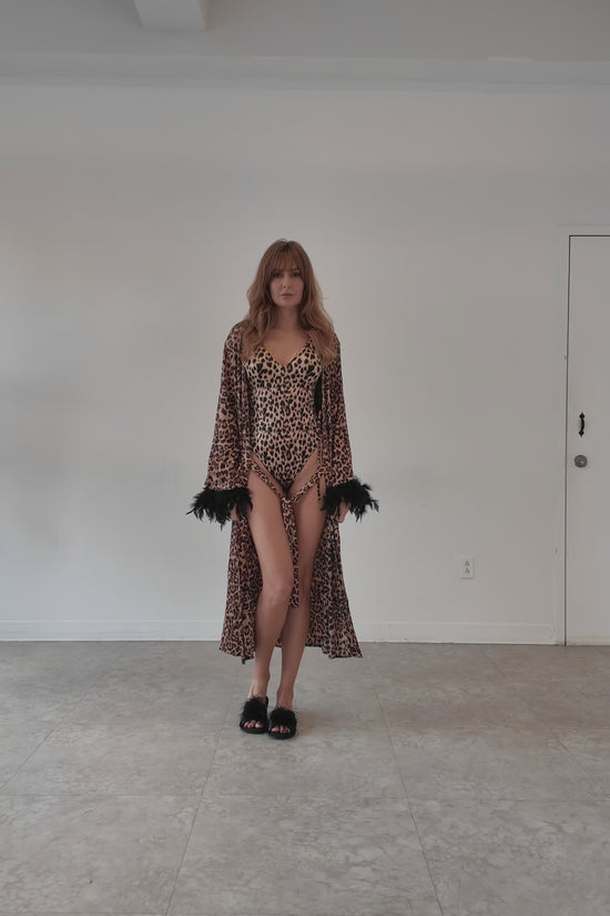 Leopard Print Satin Robe & Bodysuit Set – Long Feather-Trim Kimono with Matching Lingerie
