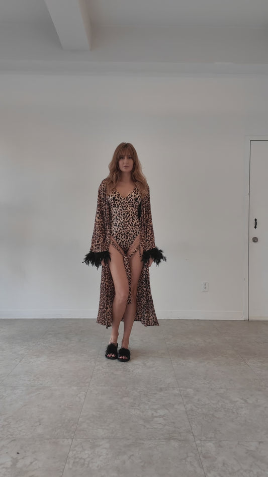 Leopard Print Satin Robe & Bodysuit Set – Long Feather-Trim Kimono with Matching Lingerie