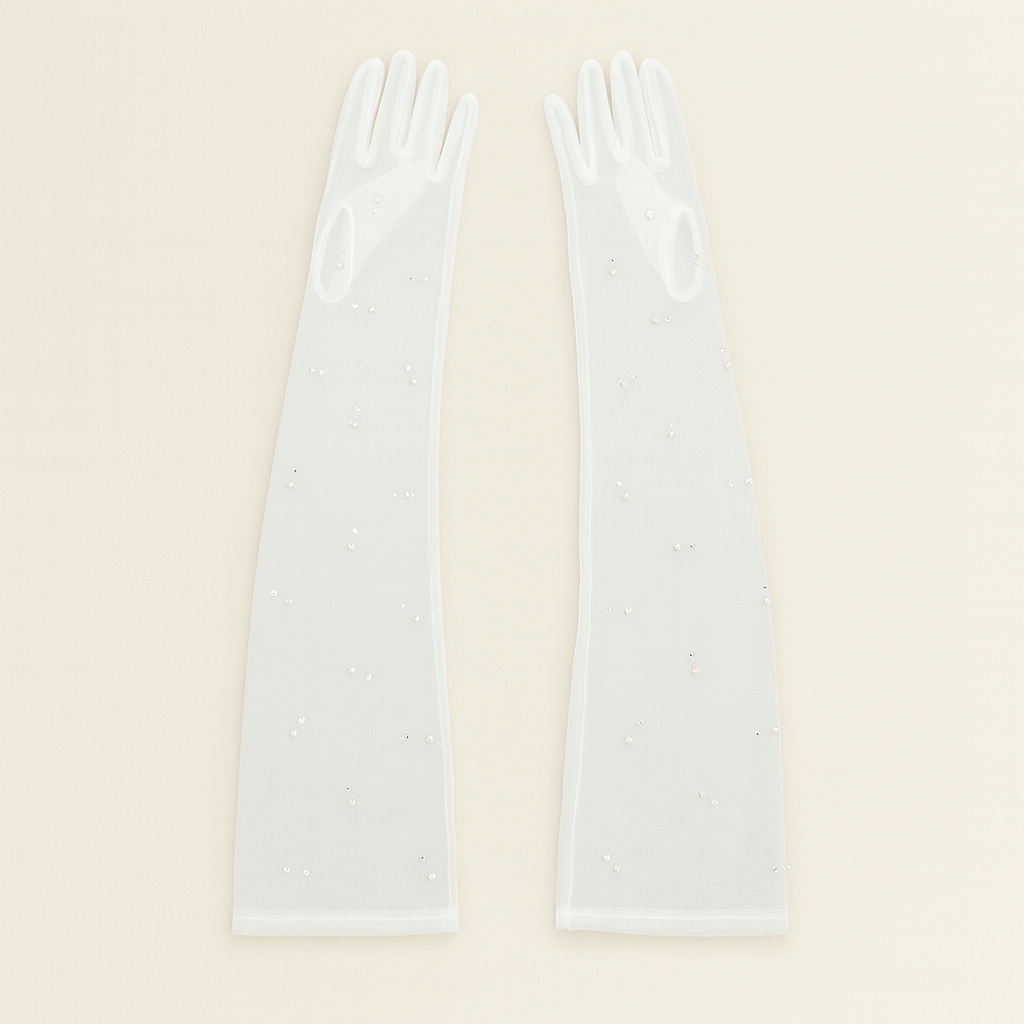 Sheer White Mesh Bridal Gloves – Long Elbow - Length with Pearl Embellishments - Donna Speziatta