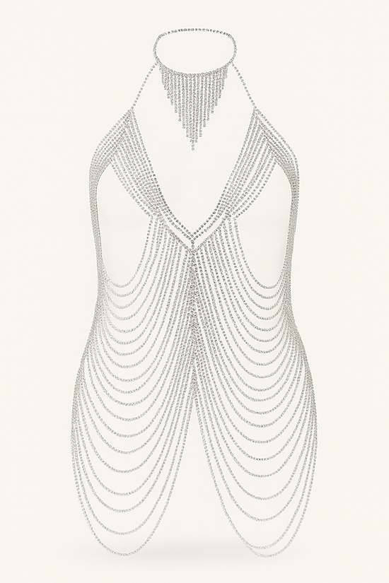 Silver Rhinestone Body Chain – Layered Halter Necklace Harness Jewelry - Donna Speziatta