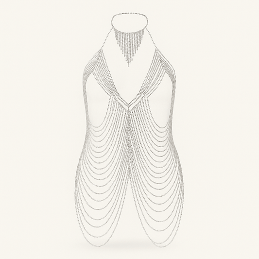 Silver Rhinestone Body Chain – Layered Halter Necklace Harness Jewelry - Donna Speziatta