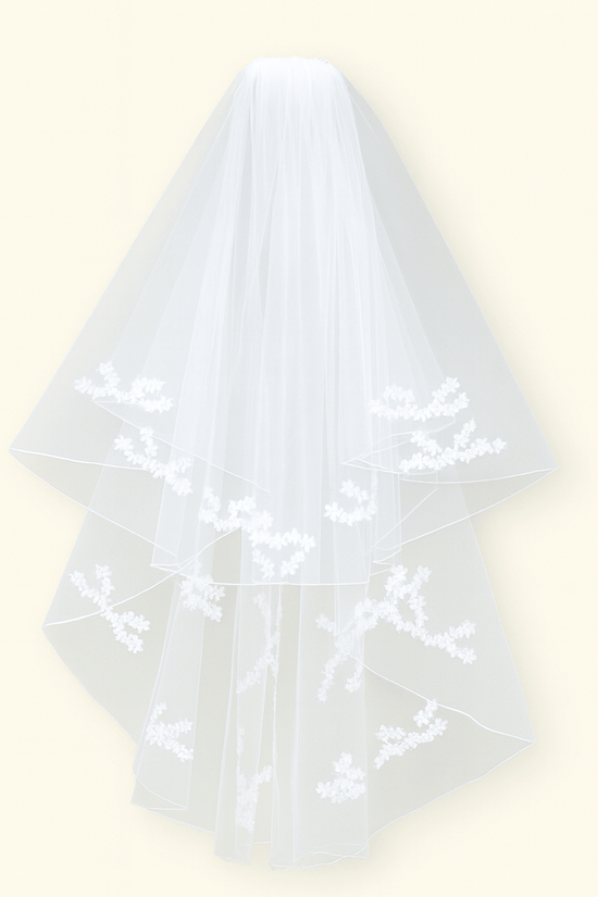 White Cathedral Bridal Veil – Two - Tier Sheer Tulle with Floral Lace Embroidery - Donna Speziatta