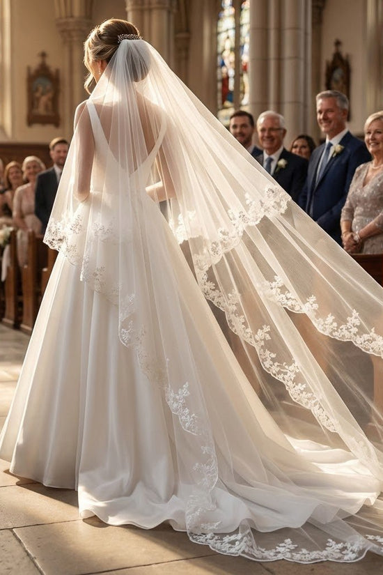 White Cathedral Bridal Veil – Two - Tier Sheer Tulle with Floral Lace Embroidery - Donna Speziatta