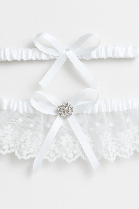 White Lace & Satin Double Bridal Garter Set with Floral Embroidery - Donna Speziatta