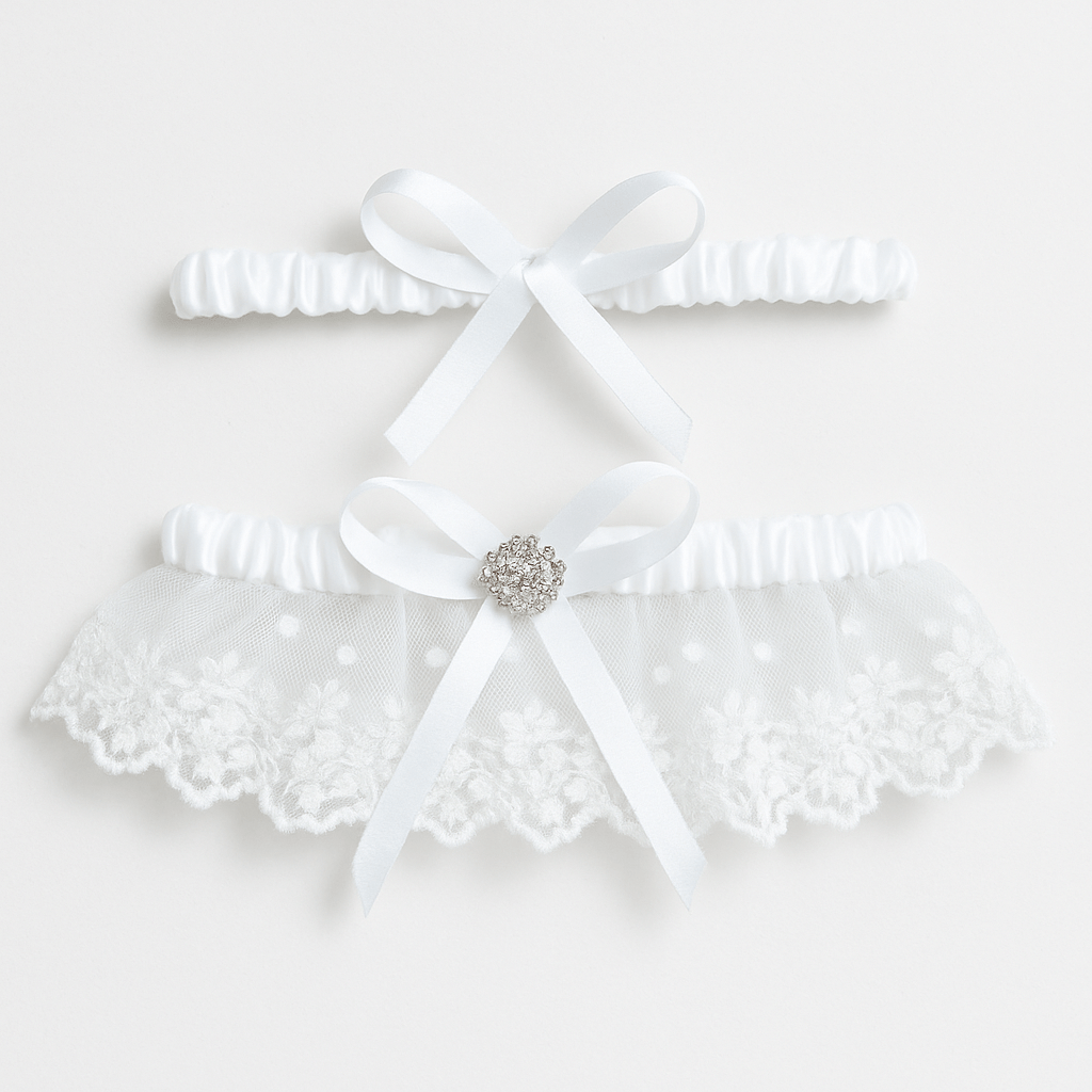White Lace & Satin Double Bridal Garter Set with Floral Embroidery - Donna Speziatta