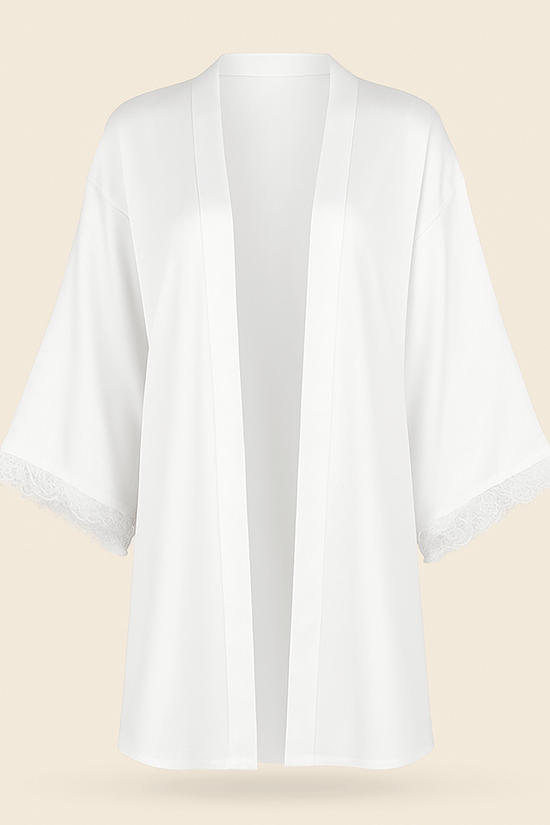 White Satin & Lace Nightwear Set – Chemise Slip Dress with Matching Robe - Donna Speziatta