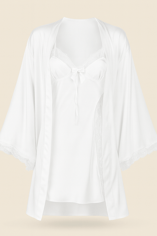 White Satin & Lace Nightwear Set – Chemise Slip Dress with Matching Robe - Donna Speziatta