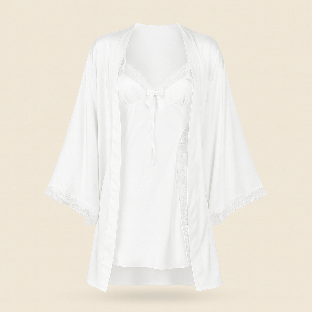 White Satin & Lace Nightwear Set – Chemise Slip Dress with Matching Robe - Donna Speziatta