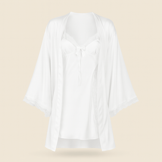 White Satin & Lace Nightwear Set – Chemise Slip Dress with Matching Robe - Donna Speziatta