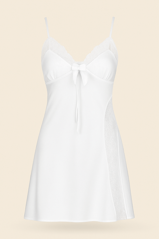 White Satin & Lace Nightwear Set – Chemise Slip Dress with Matching Robe - Donna Speziatta