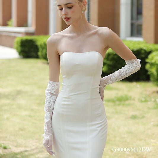 White Sheer Embroidered Bridal Gloves – Long Elbow - Length with Floral Lace Detail - Donna Speziatta