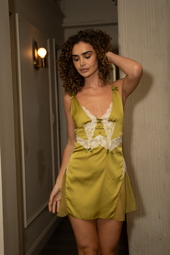 Yellow Satin & Lace Chemise – V - Neck Slip Dress with Sheer Side Panels - Donna Speziatta