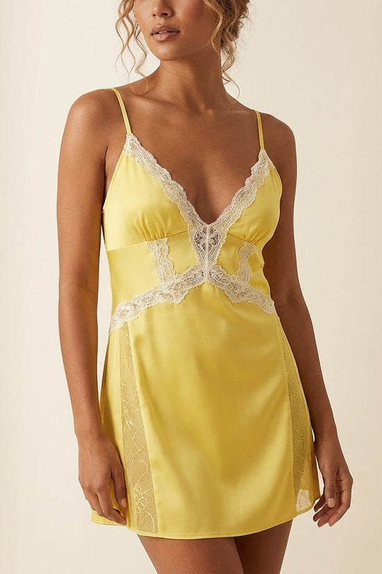 Yellow Satin & Lace Chemise – V - Neck Slip Dress with Sheer Side Panels - Donna Speziatta