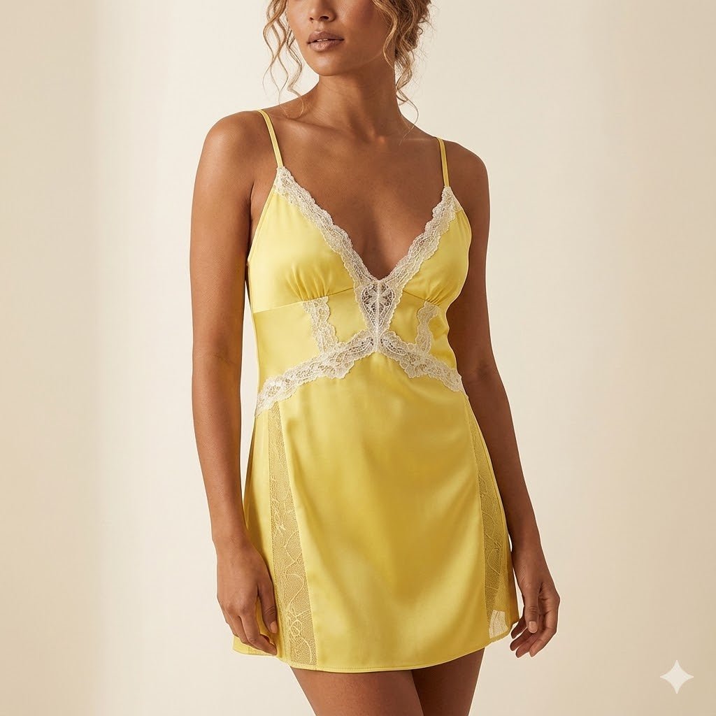 Yellow Satin & Lace Chemise – V - Neck Slip Dress with Sheer Side Panels - Donna Speziatta