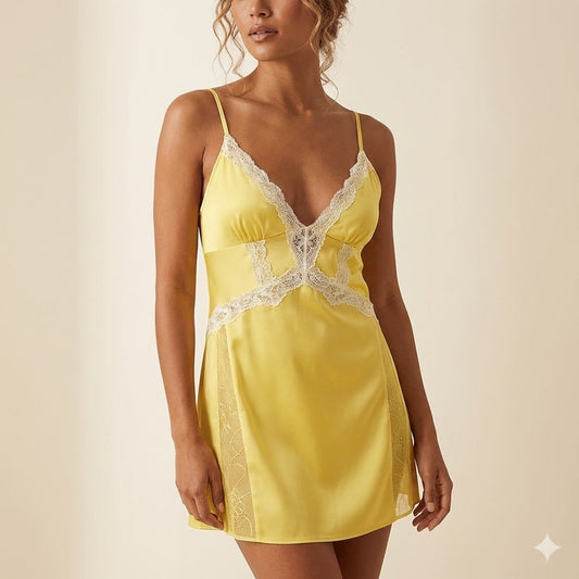 Yellow Satin & Lace Chemise – V - Neck Slip Dress with Sheer Side Panels - Donna Speziatta