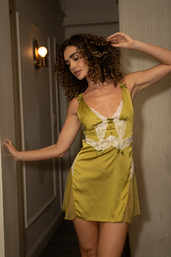 Yellow Satin & Lace Chemise – V - Neck Slip Dress with Sheer Side Panels - Donna Speziatta