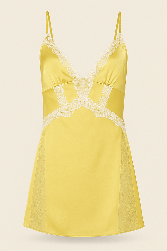 Yellow Satin & Lace Chemise – V - Neck Slip Dress with Sheer Side Panels - Donna Speziatta