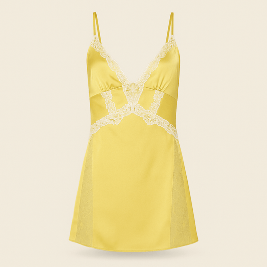 Yellow Satin & Lace Chemise – V - Neck Slip Dress with Sheer Side Panels - Donna Speziatta