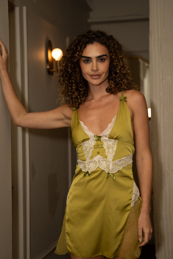 Yellow Satin & Lace Chemise – V - Neck Slip Dress with Sheer Side Panels - Donna Speziatta